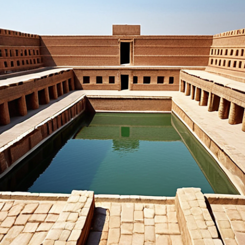 Home 11 **A photorealistic depiction of the Great Bath at Mohenjo-daro, highlighting its brickwork, the steps leading down to the water, and imagining people in ancient attire performing a purification ritual. Focus on the serene atmosphere and the historical accuracy of the architecture.**