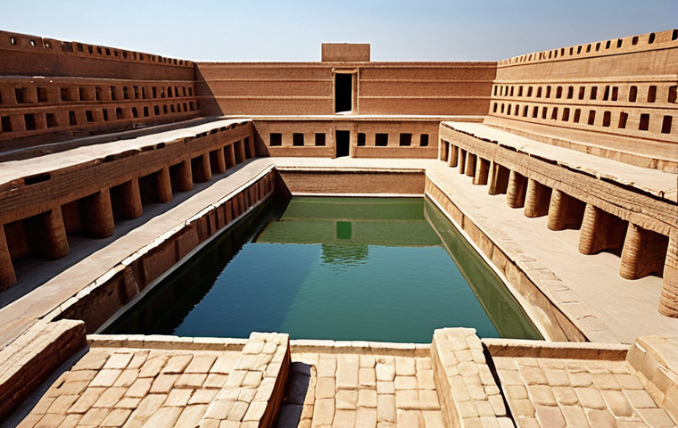 **A photorealistic depiction of the Great Bath at Mohenjo-daro, highlighting its brickwork, the steps leading down to the water, and imagining people in ancient attire performing a purification ritual. Focus on the serene atmosphere and the historical accuracy of the architecture.**