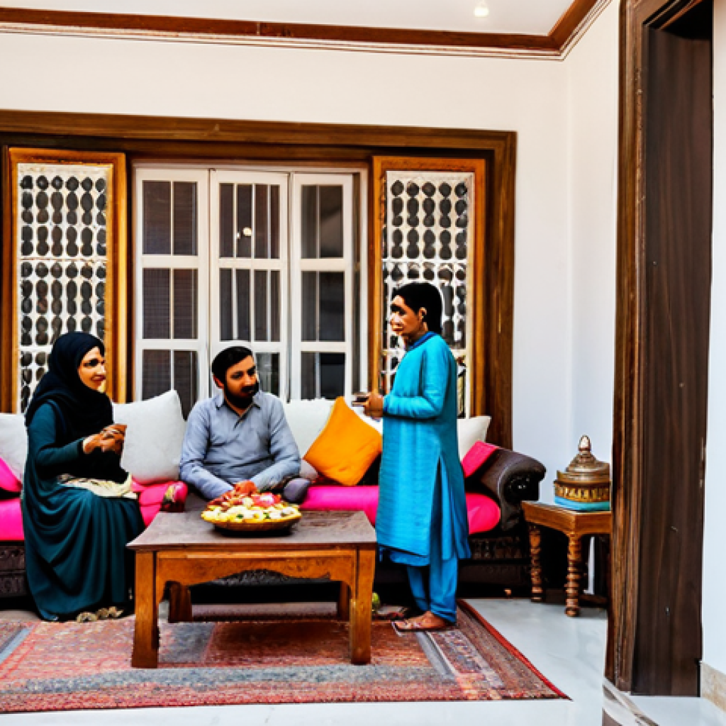 **

"A Pakistani family welcoming a tourist into their home, offering tea and traditional sweets. The family is dressed in modest, colorful clothing. The home is decorated with traditional Pakistani art. Warm and inviting atmosphere. Safe for work, appropriate content, fully clothed, family-friendly, professional photography, perfect anatomy, natural proportions."

**