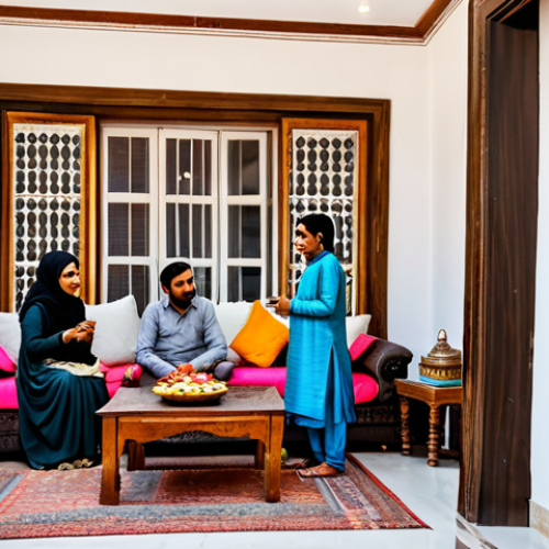 Home 8 **
"A Pakistani family welcoming a tourist into their home, offering tea and traditional sweets. The family is dressed in modest, colorful clothing. The home is decorated with traditional Pakistani art. Warm and inviting atmosphere. Safe for work, appropriate content, fully clothed, family-friendly, professional photography, perfect anatomy, natural proportions."
**