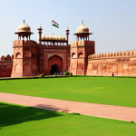 파키스탄의 현대 건축과 전통 건축 비교 - Mughal Fort Landscape**

"The Lahore Fort under a bright afternoon sun, showcasing the red sandstone...