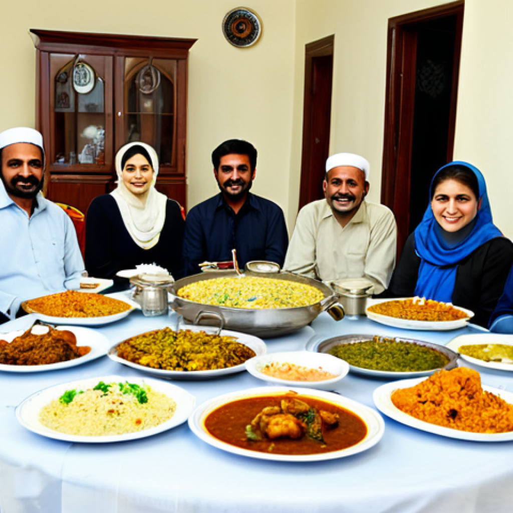 파키스탄의 할랄 음식 문화 - Family Feast**

"A Pakistani family gathered around a table laden with traditional Halal dishes, inc...