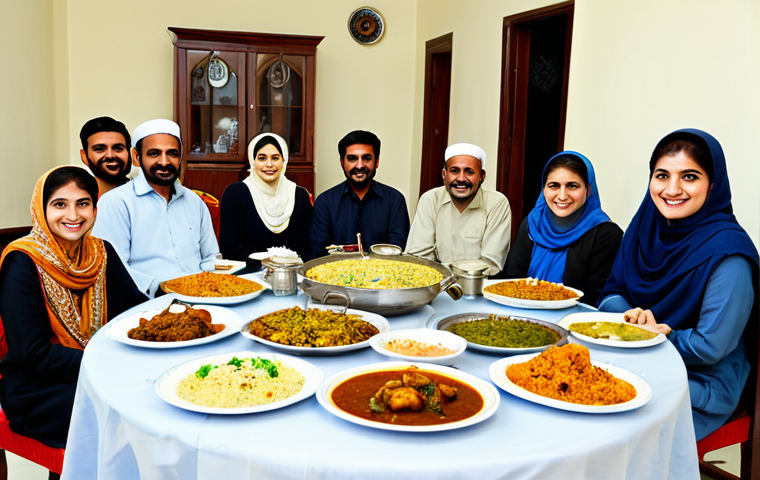 파키스탄의 할랄 음식 문화 - Family Feast**

"A Pakistani family gathered around a table laden with traditional Halal dishes, inc...