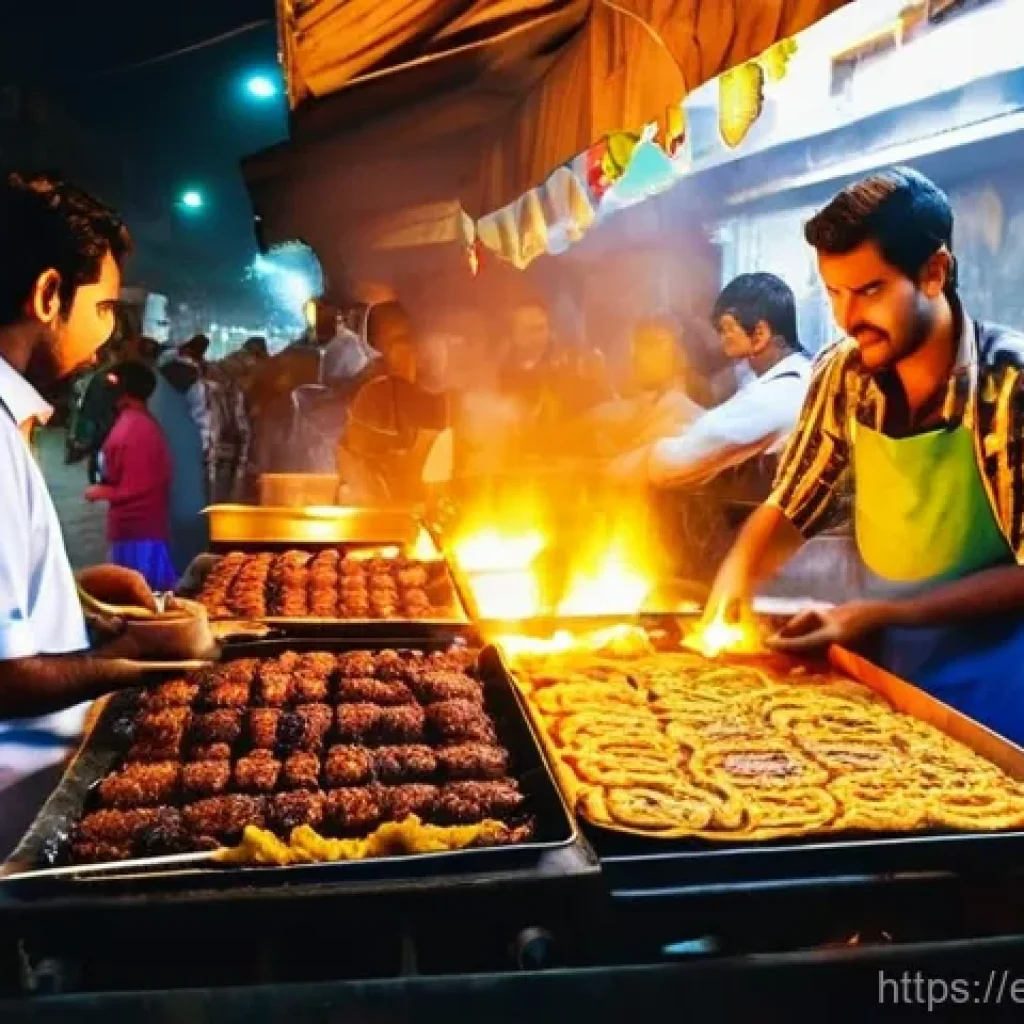 파키스탄 카라치 유명 레스토랑 - **Prompt:** A vibrant, bustling street food scene at Burns Road in Karachi, Pakistan, at twilight. T...