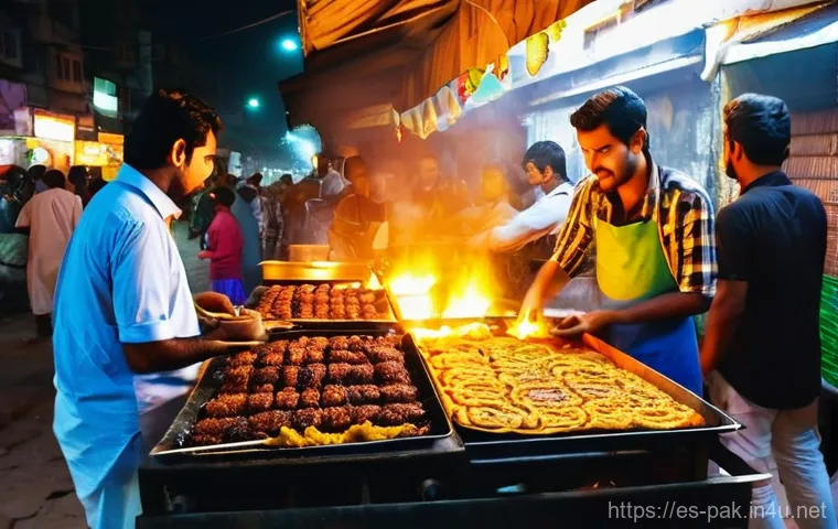 파키스탄 카라치 유명 레스토랑 - **Prompt:** A vibrant, bustling street food scene at Burns Road in Karachi, Pakistan, at twilight. T...