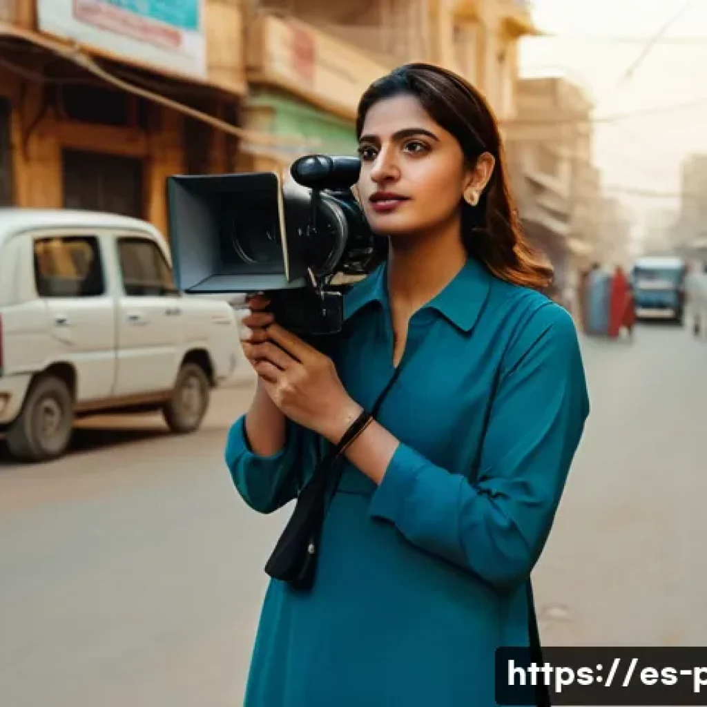 파키스탄 영화 산업의 주요 감독들 - A cinematic scene capturing a Pakistani female director on set, wearing modest professional attire, ...