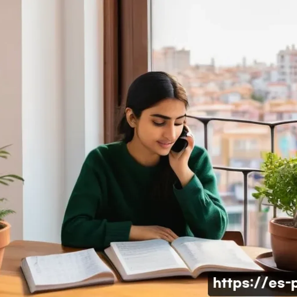 우르두어 기본 문장과 발음 - A cozy, sunlit room where a young Spanish woman practices Urdu pronunciation by listening intently t...