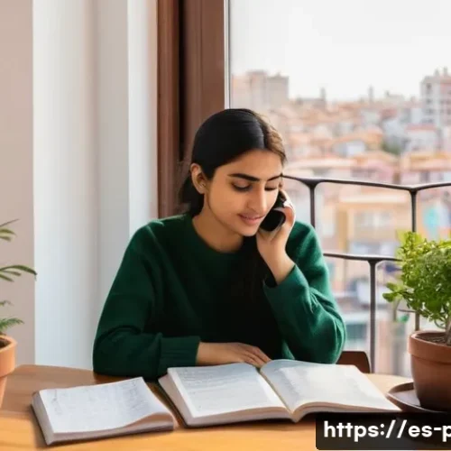 우르두어 기본 문장과 발음 - A cozy, sunlit room where a young Spanish woman practices Urdu pronunciation by listening intently t...