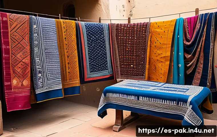 파키스탄 전통 직물과 원단 종류 - A vibrant traditional Pakistani textile market scene during daytime, showcasing a variety of handwov...