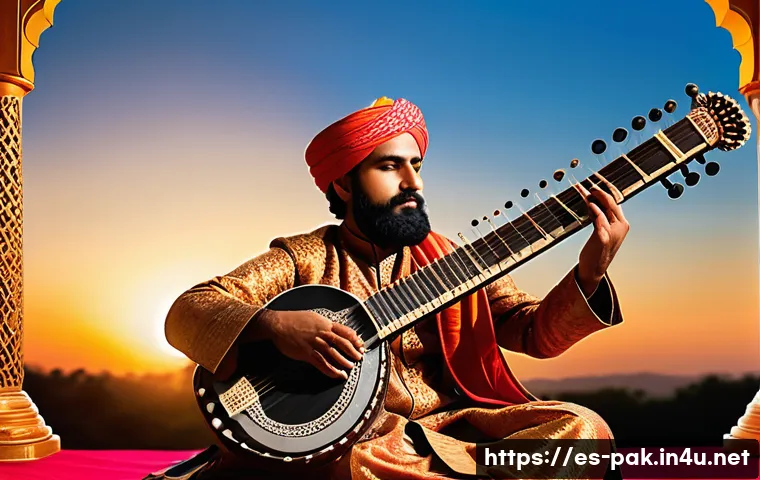 파키스탄 전통 악기 소개 - A skilled Pakistani musician playing the sitar on a traditional stage decorated with vibrant fabrics...