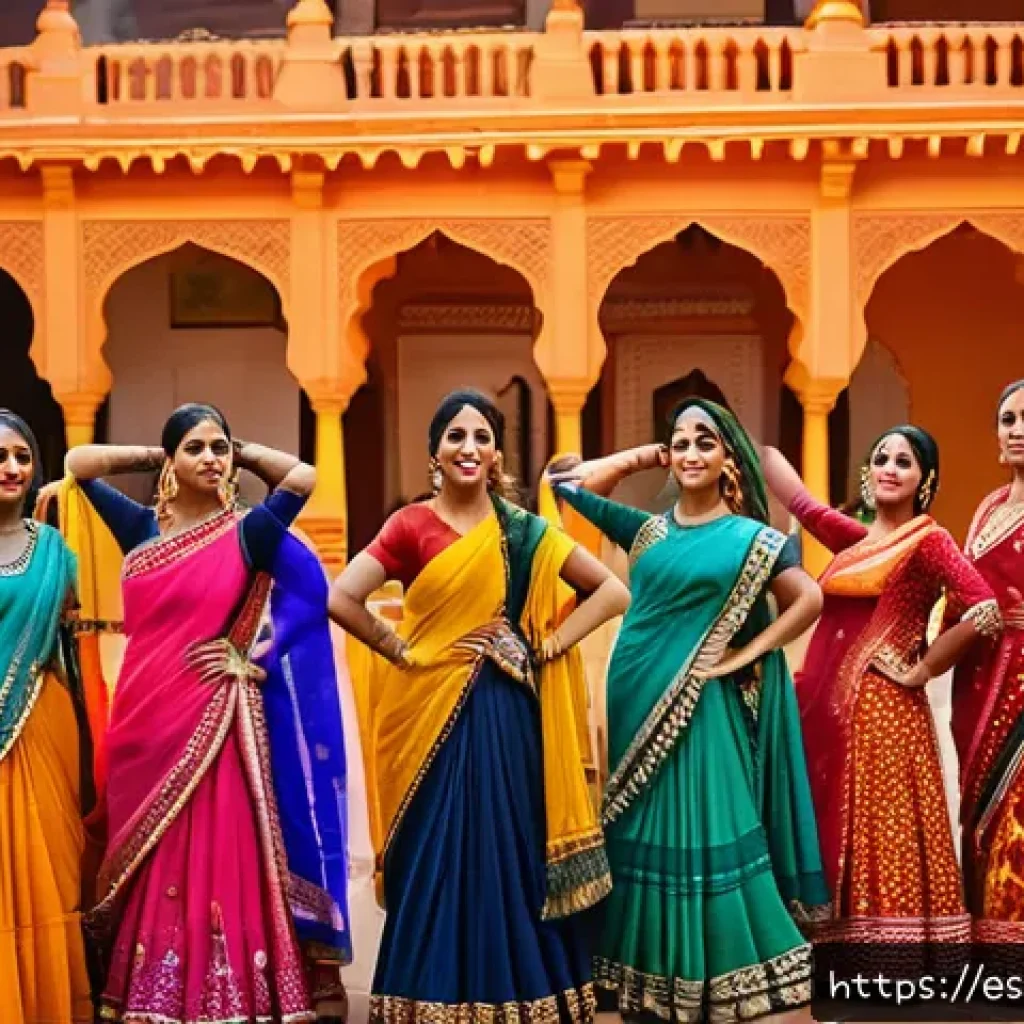 파키스탄과 인도의 영화 산업 비교 - A vibrant Indian film set showcasing a colorful Bollywood dance sequence in a traditional open court...