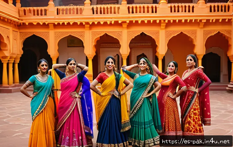 파키스탄과 인도의 영화 산업 비교 - A vibrant Indian film set showcasing a colorful Bollywood dance sequence in a traditional open court...