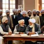 Home 19 파키스탄 독립운동과 모하마드 알리 진나 - A historical scene depicting a diverse group of early 20th-century South Asian leaders and community...