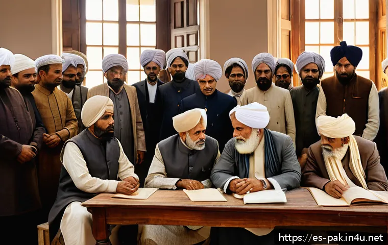 파키스탄 독립운동과 모하마드 알리 진나 - A historical scene depicting a diverse group of early 20th-century South Asian leaders and community...