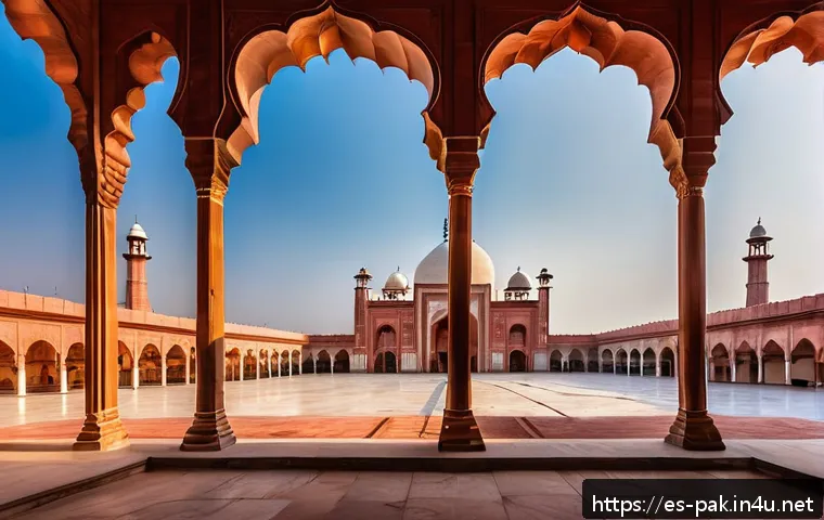 라호르 바드샤히 모스크 방문 팁 - A serene early morning scene at the Badshahi Mosque in Lahore, Pakistan, showcasing the grand red sa...