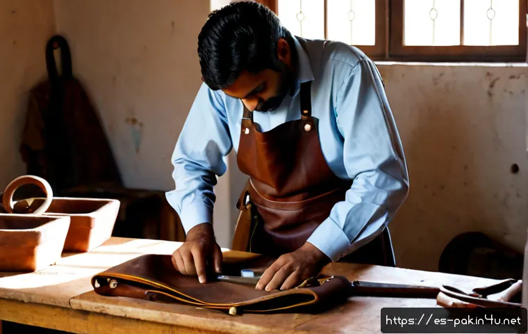 파키스탄의 가죽 공예와 구매 팁 - Photorealistic artisan leather workshop in Lahore, Pakistan, a skilled craftsperson wearing a modest...